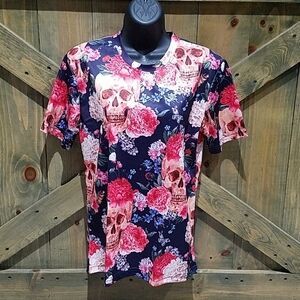 KYKU FLORAL SKULL SHIRT SIZE SMALL RED PINK ROSES Day Of The Dead